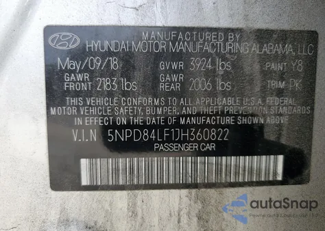2018 Hyundai Elantra Sel z USA, uszkodzony, nr VIN 5NPD84LF1JH360822